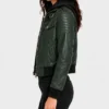 Womens Roslyn Green Hooded Leather Bomber Jacket