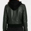 Womens Roslyn Hooded Leather Bomber Green Jacket
