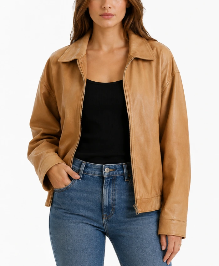 Womens Tan Leather Jacket in Slochy style