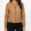 Womens Tan Leather Bomber Jacket​