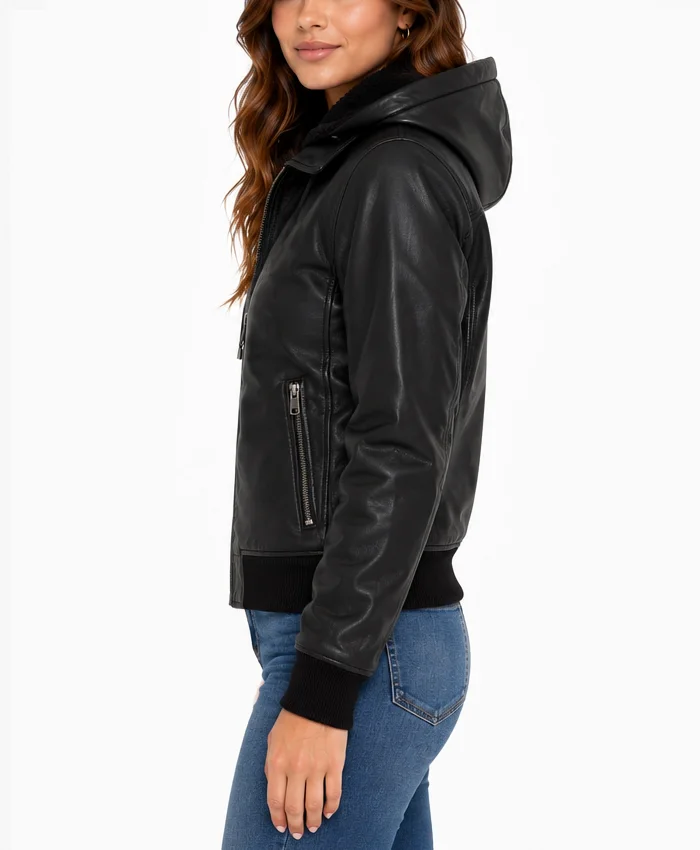 Women Leather Black Bomber Jacket With Removable Hood​