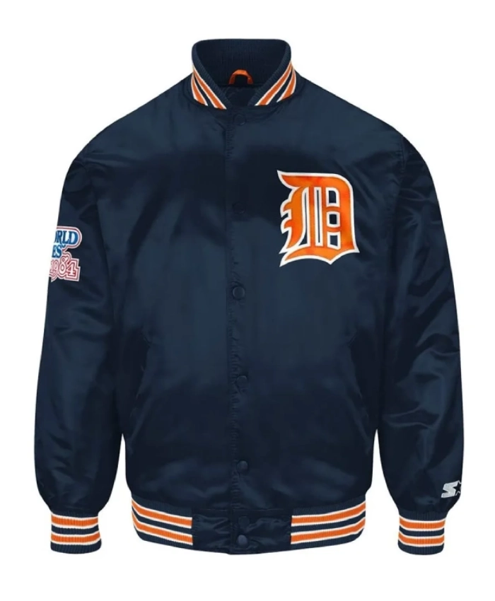 1984s Detroit Tigers Navy Bomber Full Snap Satin Jacket