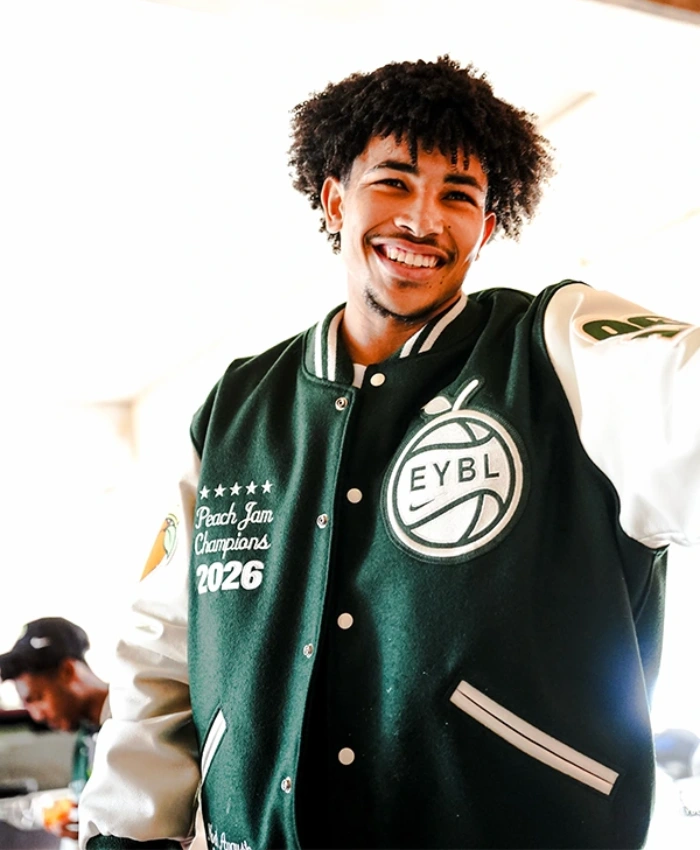 2026 EYBL Peach Jam Champions Florida Rebels Green and White Leather Sleeves Wool Varsity Jacket