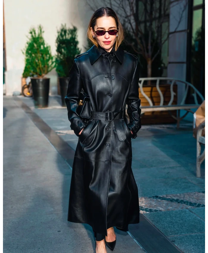 Emilia Clarke 2026 New York City Leather Trench Coat