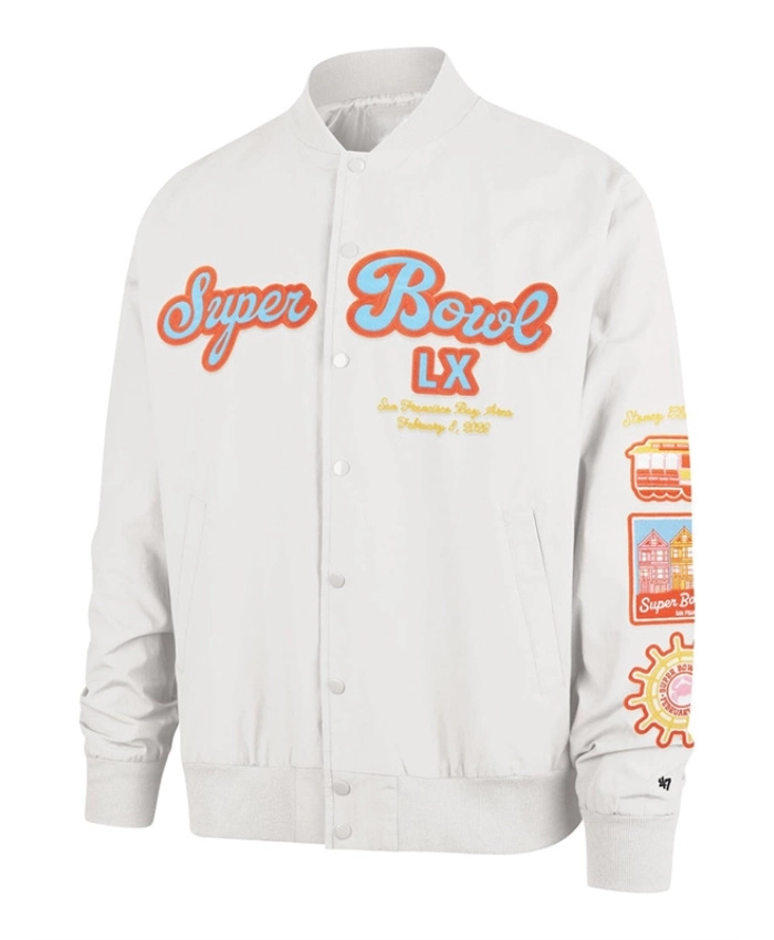 2026 Super Bowl LX 47 Stoney Clover Lane Snap Tab Grey Twill Bomber Jacket