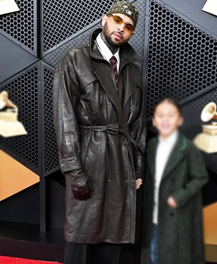 68th GRAMMY Awards Chris Brown Leather Belted Trench Coat