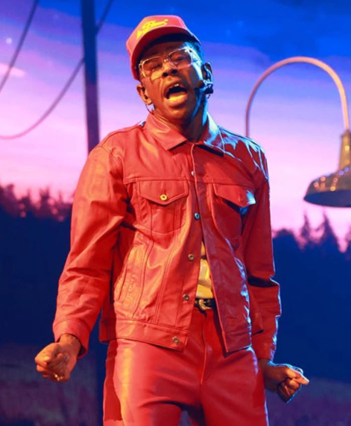 68th Grammy Awards 2026 Tyler The Creator Red Leather Trucker Jacket