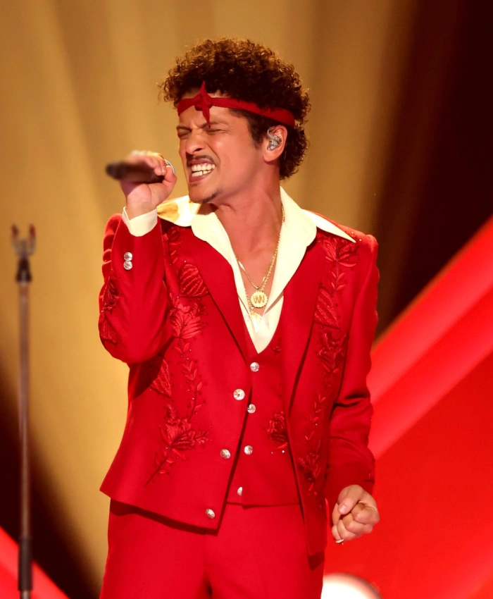 68th Grammy Awards Bruno Mars Red Embroidered Blazer For Men