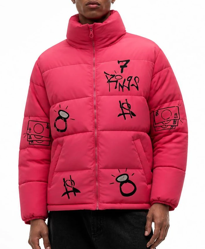7 Rings Ariana Grande Pink Puffer Jacket Mens