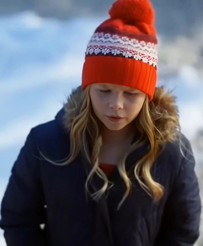 A Christmas Prayer Madeleine Cox Blue Puffer Jacket - Image 2