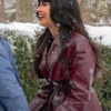 A Merry Little Ex Mas Movie 2025 Jameela Jamil Maroon Leather Coat