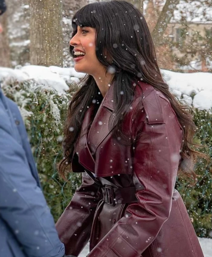A Merry Little Ex Mas Movie 2025 Jameela Jamil Maroon Leather Coat