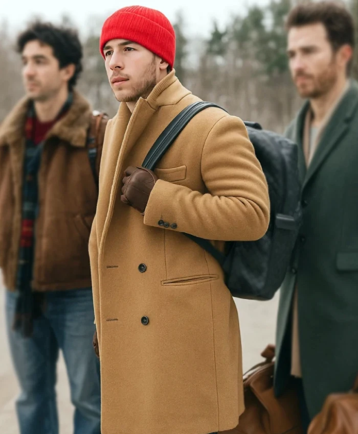 A Very Jonas Christmas Movie 2025 Nick Jonas Brown Coat