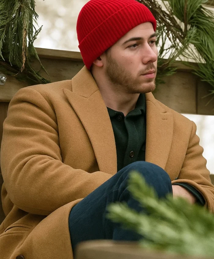 A Very Jonas Christmas Movie 2025 Nick Jonas Brown Wool Coat