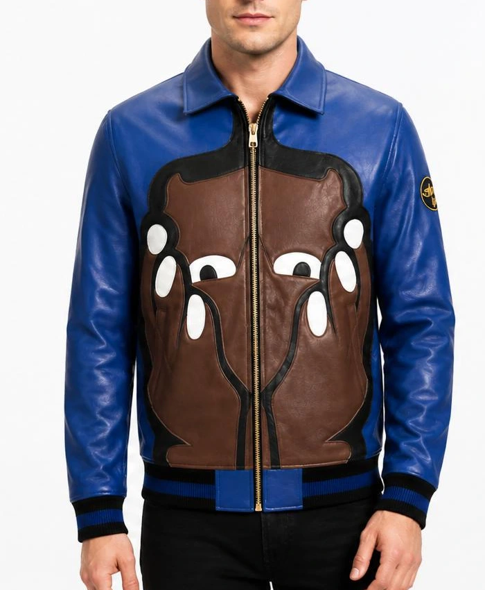 ASAP Ferg Party Artwork Blue Leather Jacket Mens