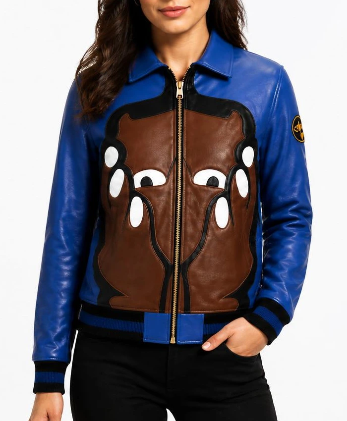 ASAP Ferg Party Artwork Blue Leather Jacket Womens