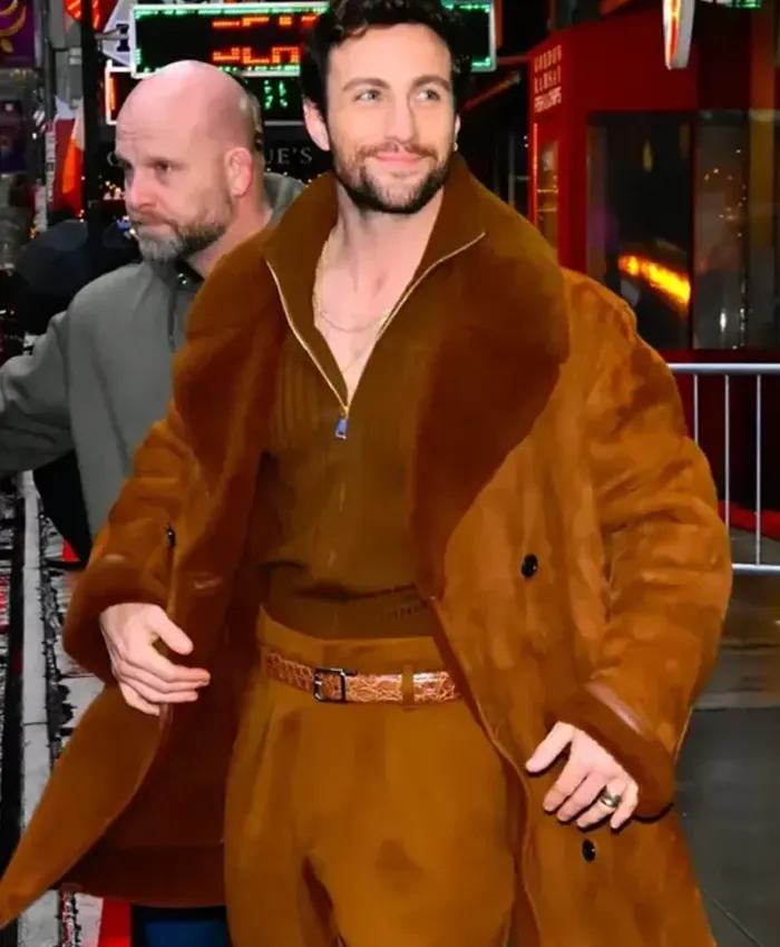 Aaron Taylor Johnson Brown Shearling Leather Coat