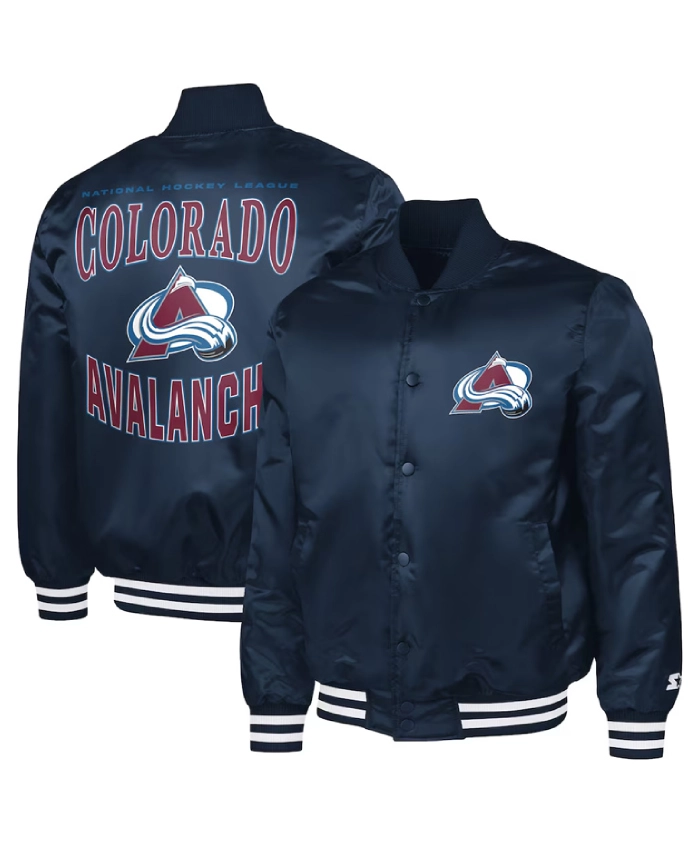 Adaptive Bold Logo Colorado Avalanche Navy Full Snap Satin Varsity Jacket