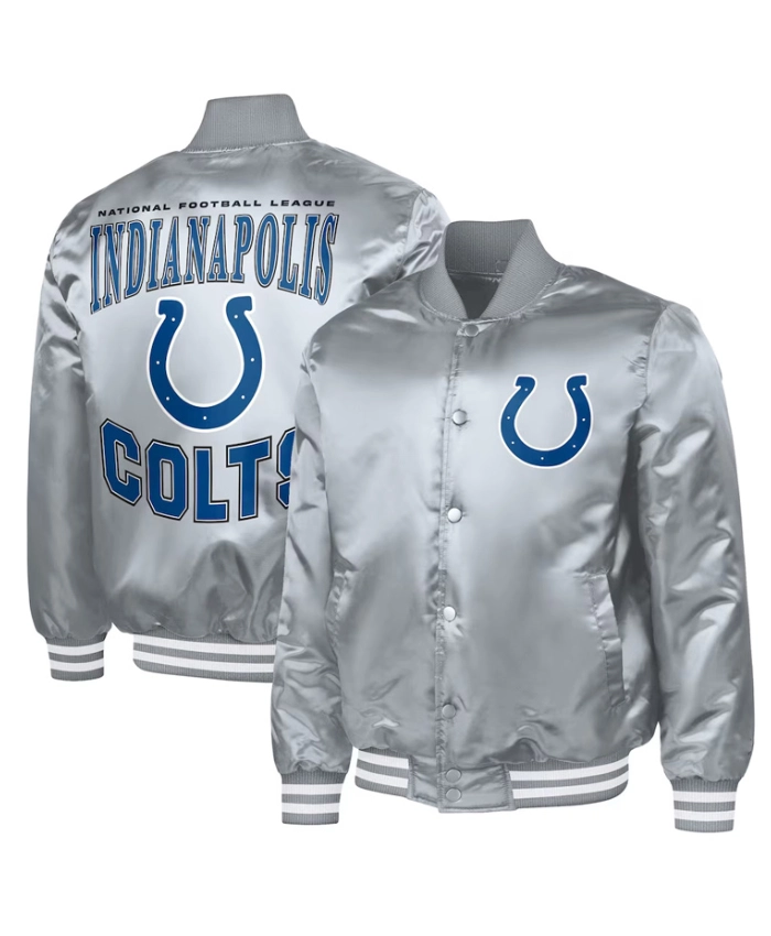 Adaptive Team Graphic Indianapolis Colts Full Snap Varsity Silver Satin Jacket