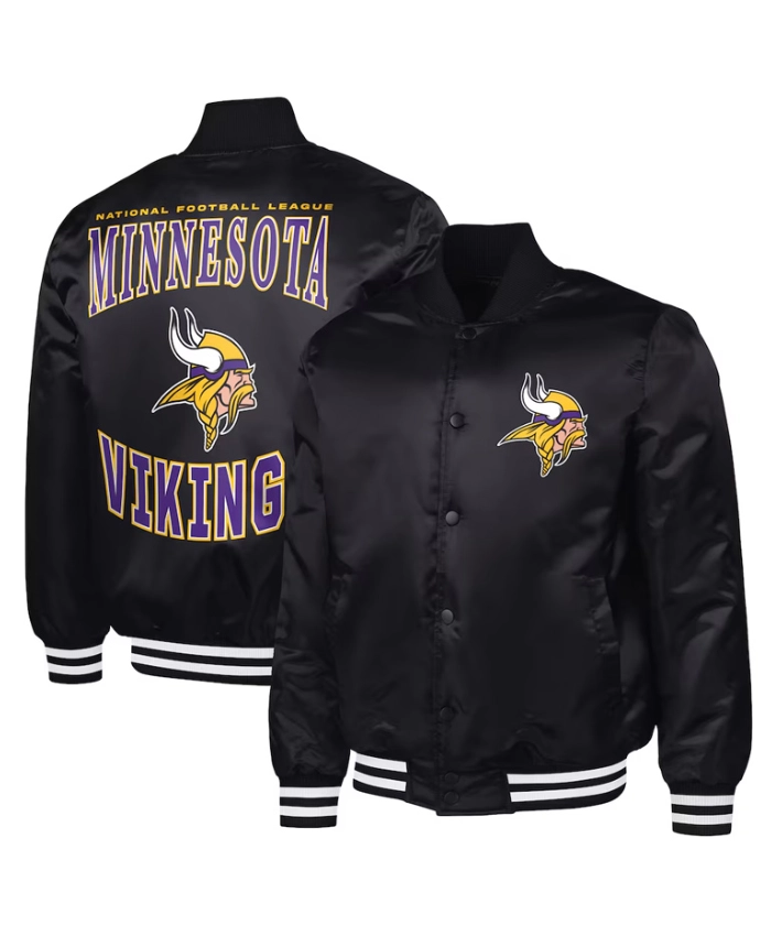 Adaptive Team Graphic Minnesota Vikings Black Full Snap Satin Varsity Jacket