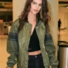 Airport American Actress Emily Ratajkowski Green Bomber Jacket