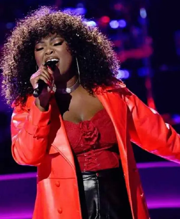 Alexia Jayy The Voice S29 Red Leather Trench Coat