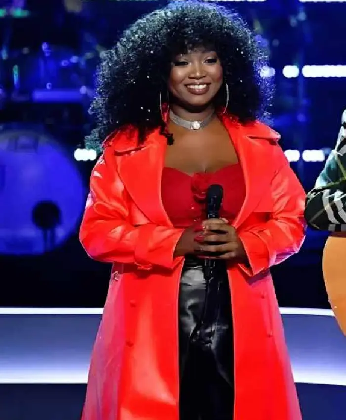Alexia Jayy The Voice S29 Red Leather Trench Coat - Image 2