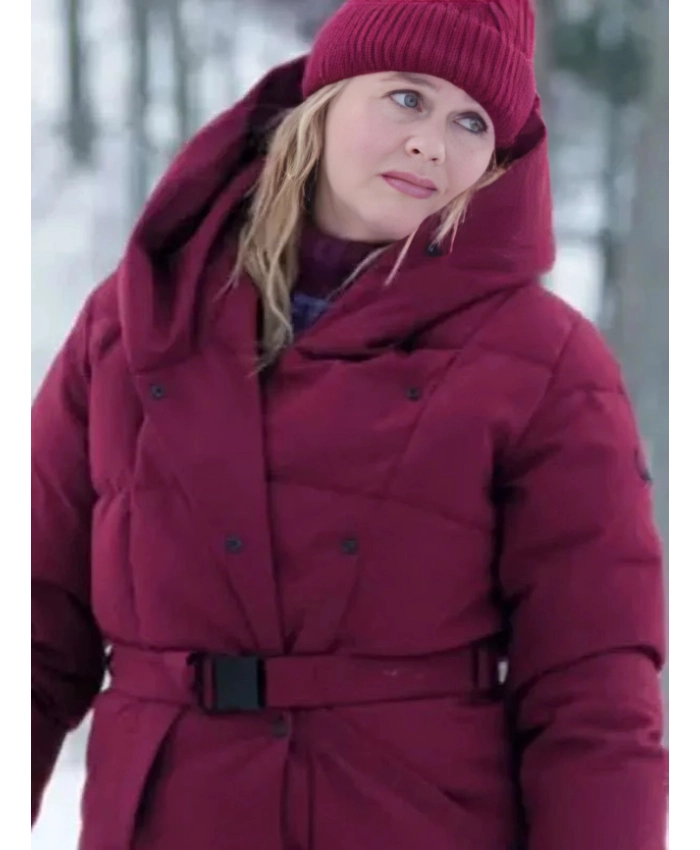 Alicia Silverstone Movie A Merry Little Ex Mas 2025 Kate Holden Burgundy Hooded Puffer Coat