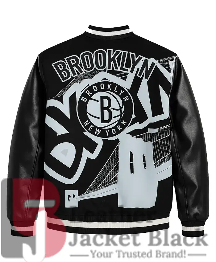 Amalia Brooklyn Nets Leather Black Varsity Jacket