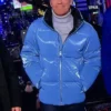 Andy Cohen CNN New Year Live Blue Gloss Puffer Jacket