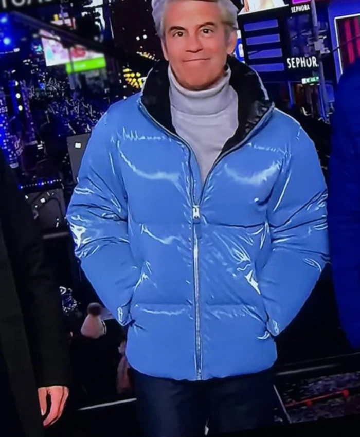 Andy Cohen CNN New Year Live Blue Gloss Puffer Jacket
