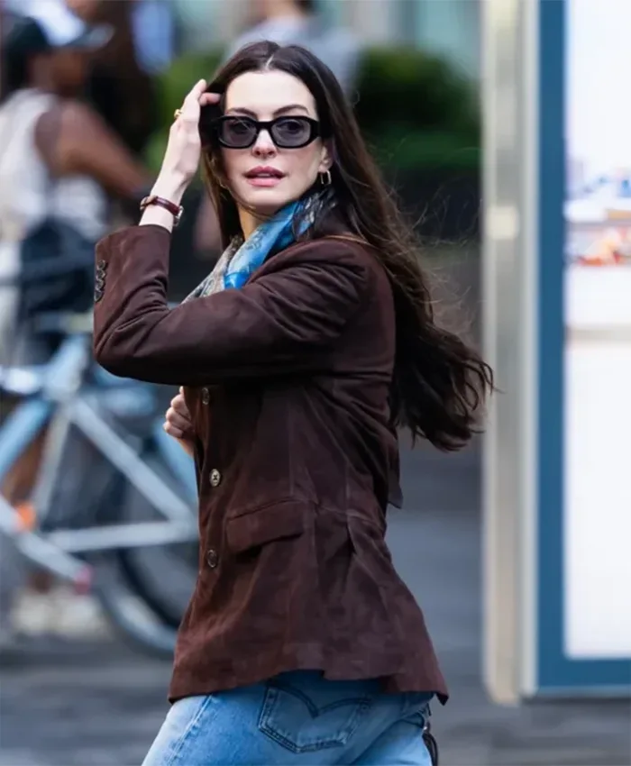 Andy Sachs Movie The Devil Wears Prada 2 2026 Anne Hathaway Brown Suede Leather Blazer