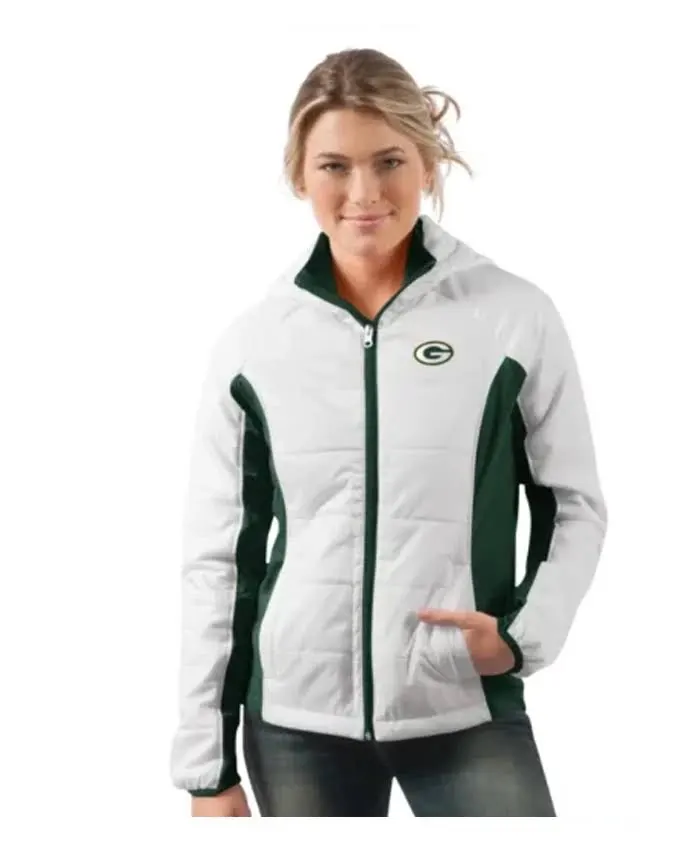 Annmaria Green Bay Packers White Full Zip Jacket