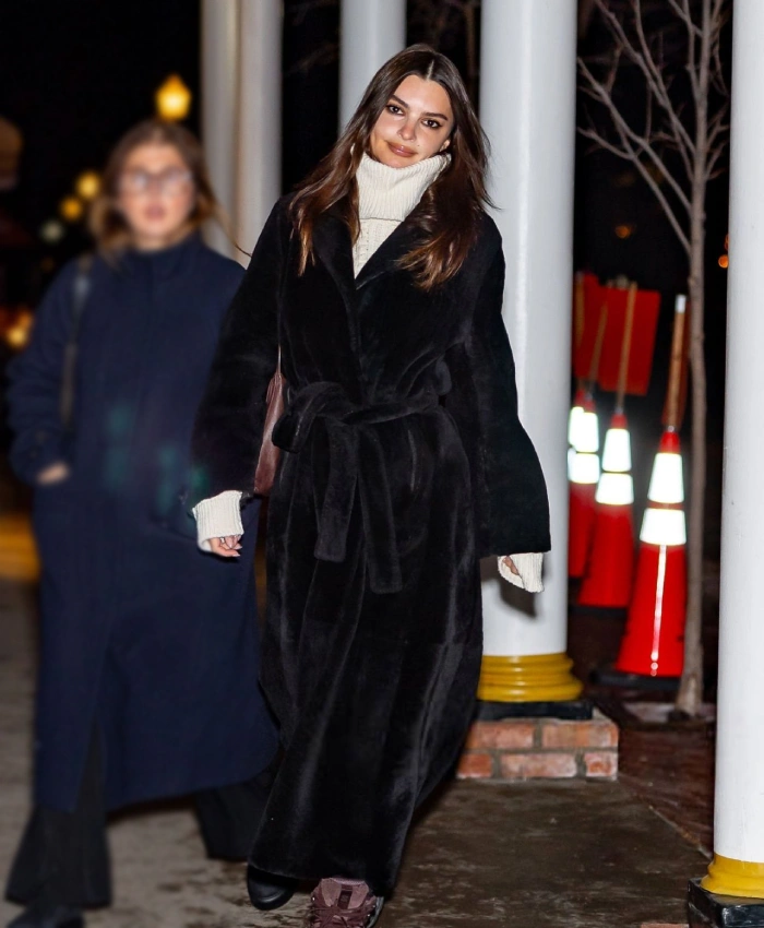 Aspen Fashion Week 2026 Emily Ratajkowski Black Belted Robe Coat