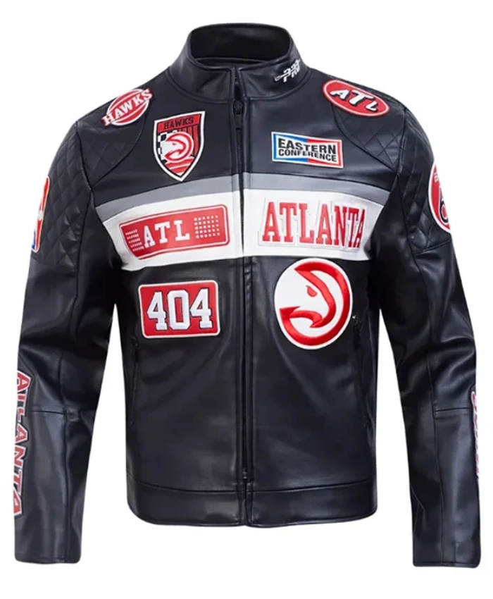 Atlanta Hawks Moto Erect Collar Black Leather Jacket