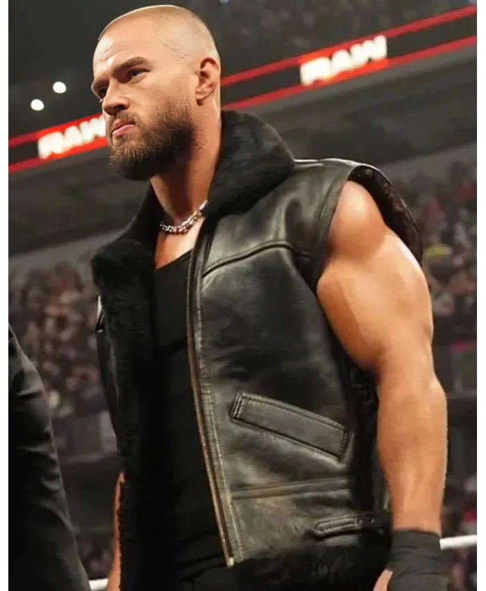 Austin Theory WWE Shearling Black Leather Vest - Image 3