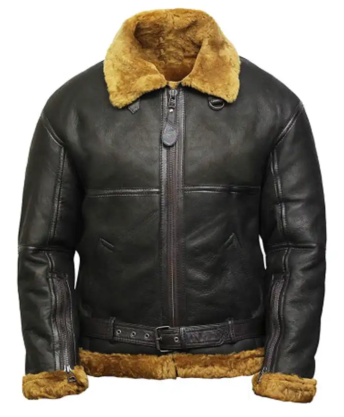B 3 Aviator Shearling Fur Sheepskin Black Leather Flying Jacket