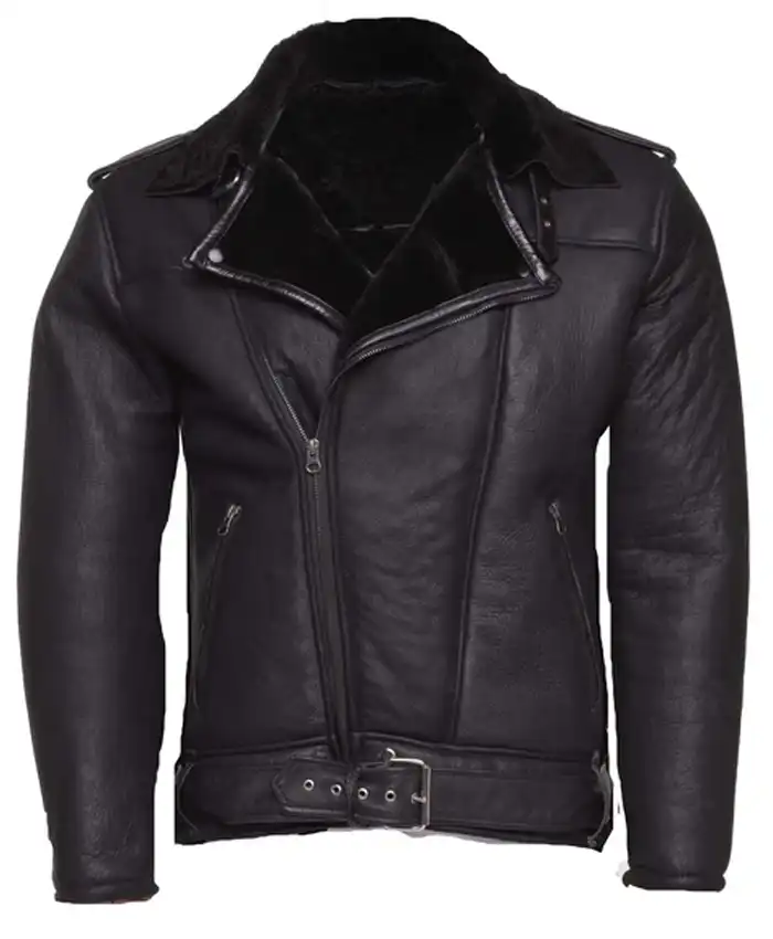 B 3 Black Shearling Biker Jacket
