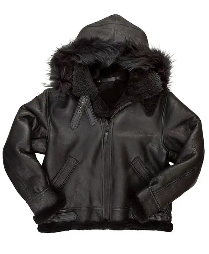 B 3 Black Sheepskin Hooded Jacket