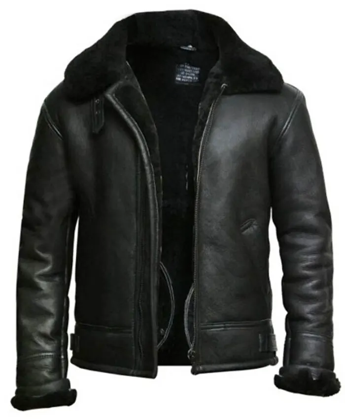 B 3 Black Sheepskin Leather Shearling Fur Jacket 2