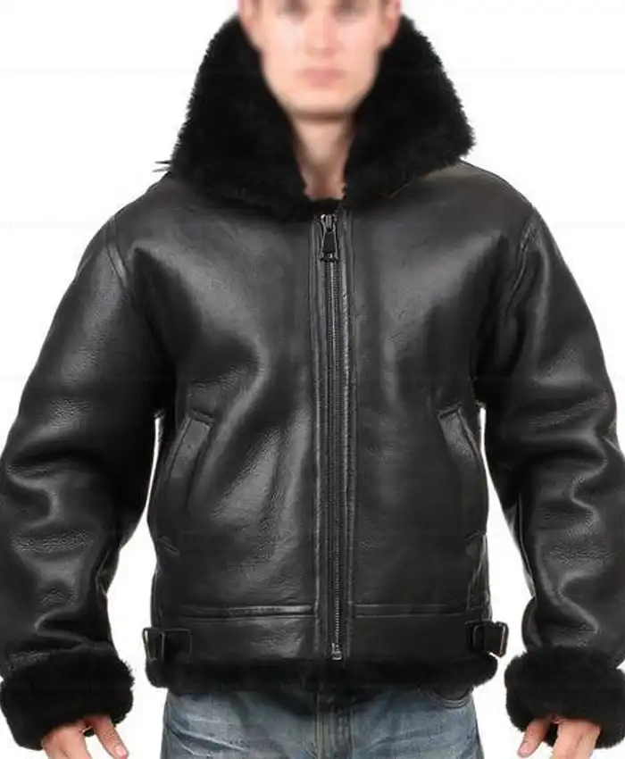 B 3 Black Sheepskin Leather Shearling Fur Jacket