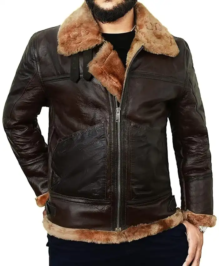 B 3 Brown Pilot Bomber Shearling Fur Jacket