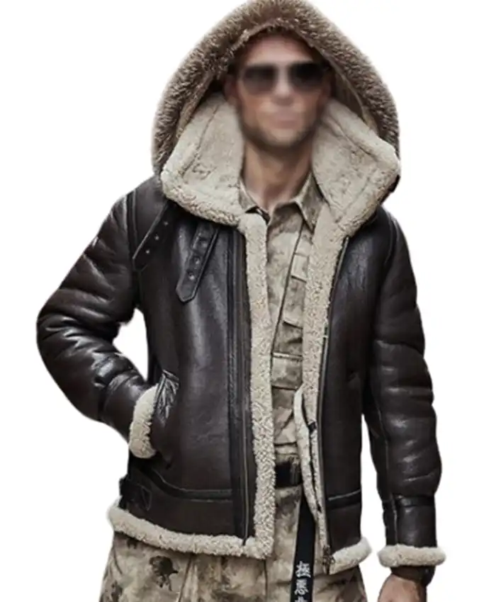 B 3 Brown Sheepskin Hooded Jacket