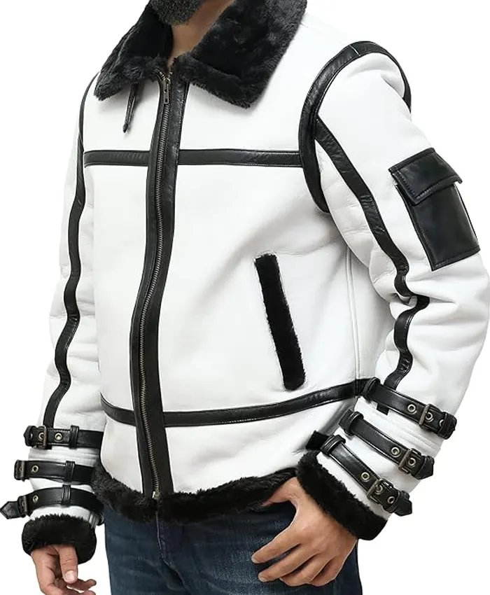 B 3 Jayne Sheepskin Black And White Biker Shearling Jacket