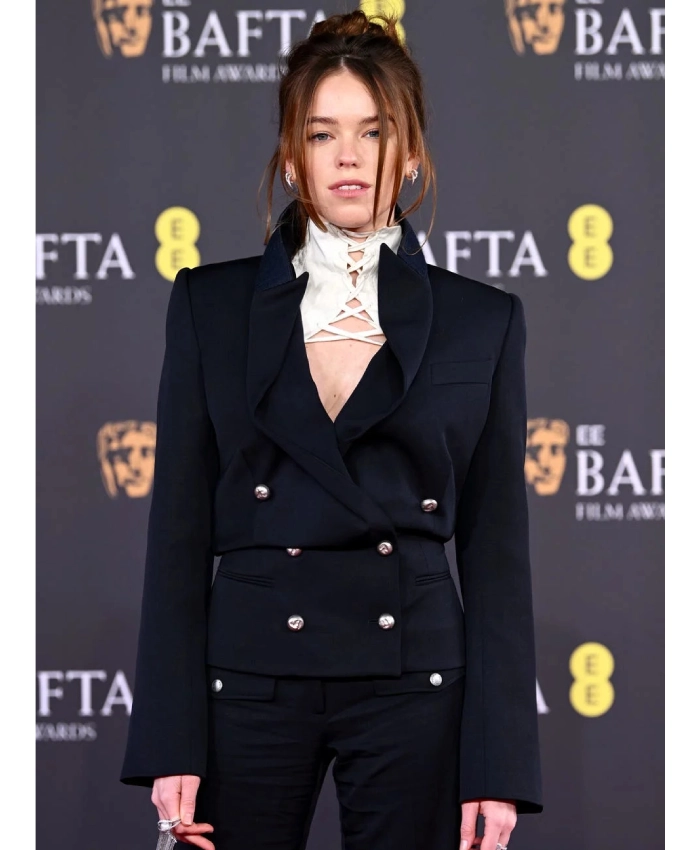 BAFTA Film Awards 2026 Milly Alcock Cropped Double Breasted Black Blazer