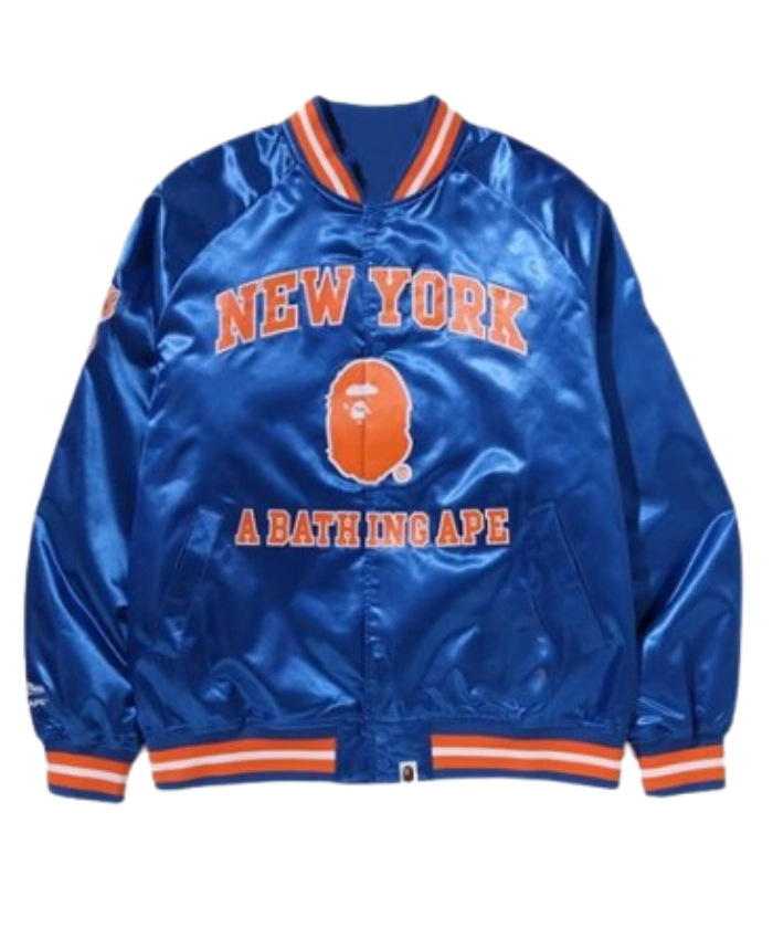 BAPE X MN NBA New York Knicks Blue Satin Jacket