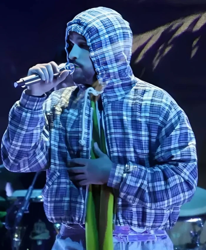 Bad Bunny 26th Annual Latin Grammy Awards Plaid Cropped Oversized Zipper Hoodie