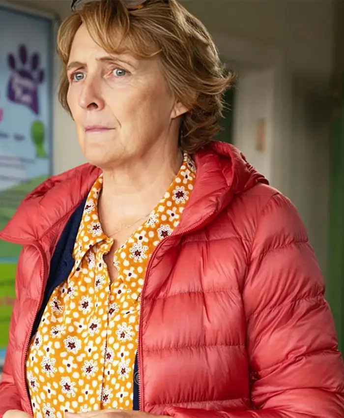 Bad Sisters S02 Fiona Shaw Red Puffer Jacket