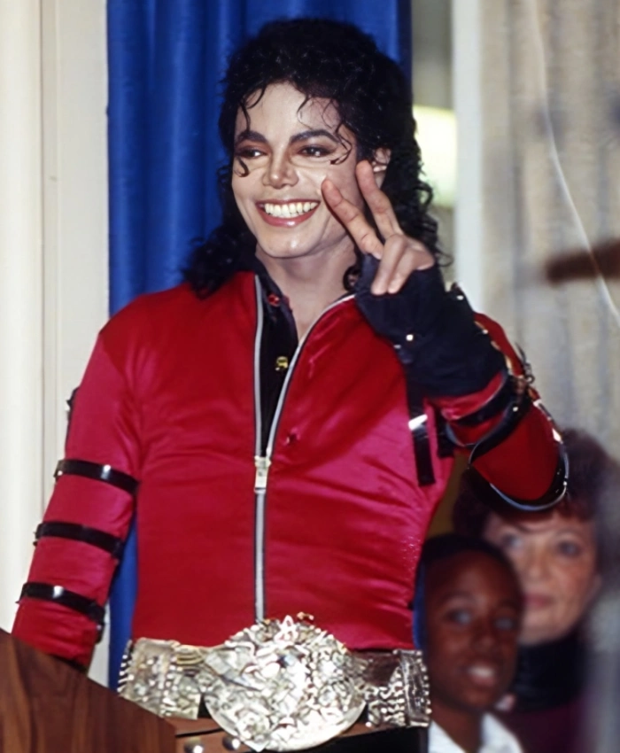 Bad World Tour 1987 Michael Jackson Red Satin Jacket Multiple Belts On Sleeves