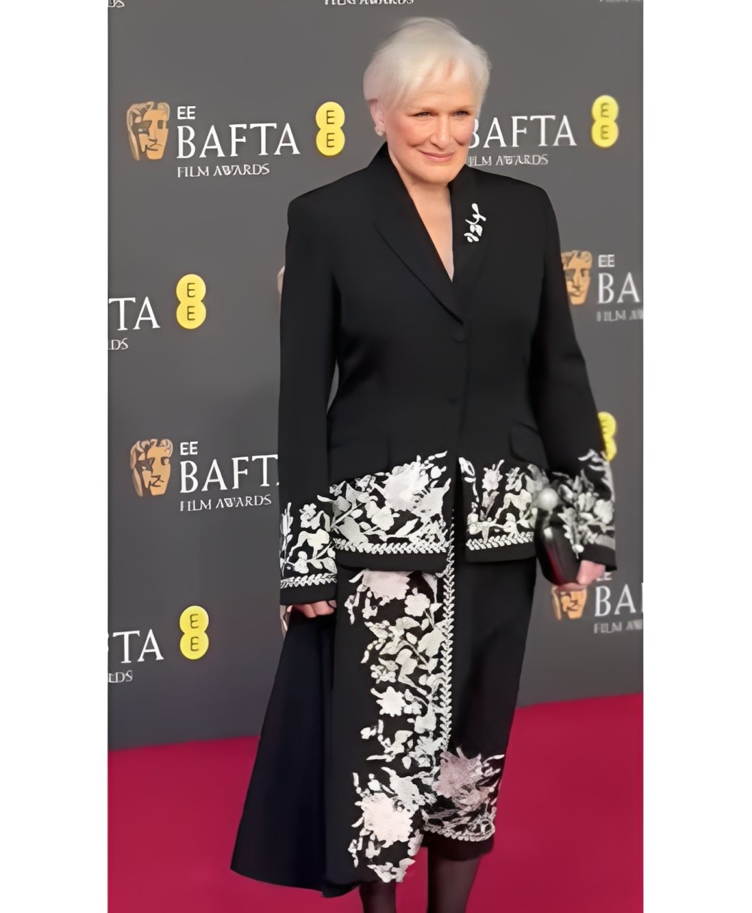 Bafta Film Awards 2026 Glenn Close Floral Black Wool Coat